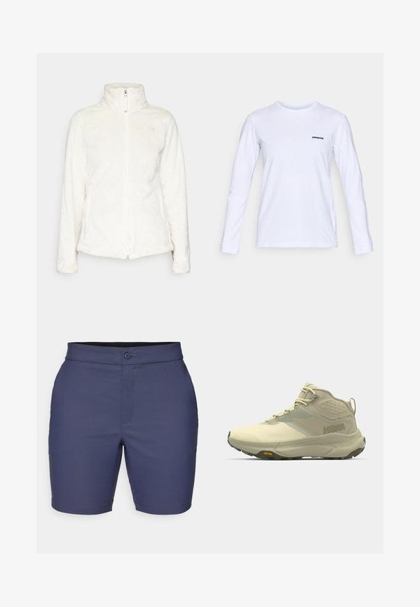 The North Face OSITO JACKET - Fleecejakke - white dune; Langærmet hvid bomulds t-shirt med rund hals og sort "patagonia" logo på venstre bryst. Glat tekstur, klassisk pasform.; Mørkeblå shorts lavet af glat stof, med knaplukning, bæltestropper og en skræddersyet pasform med en ren kant.; Hoka vandrestøvle i lys beige, med en tekstureret overdel, snørelukning og Vibram-sål. Distinktiv side-logo og støttende design.