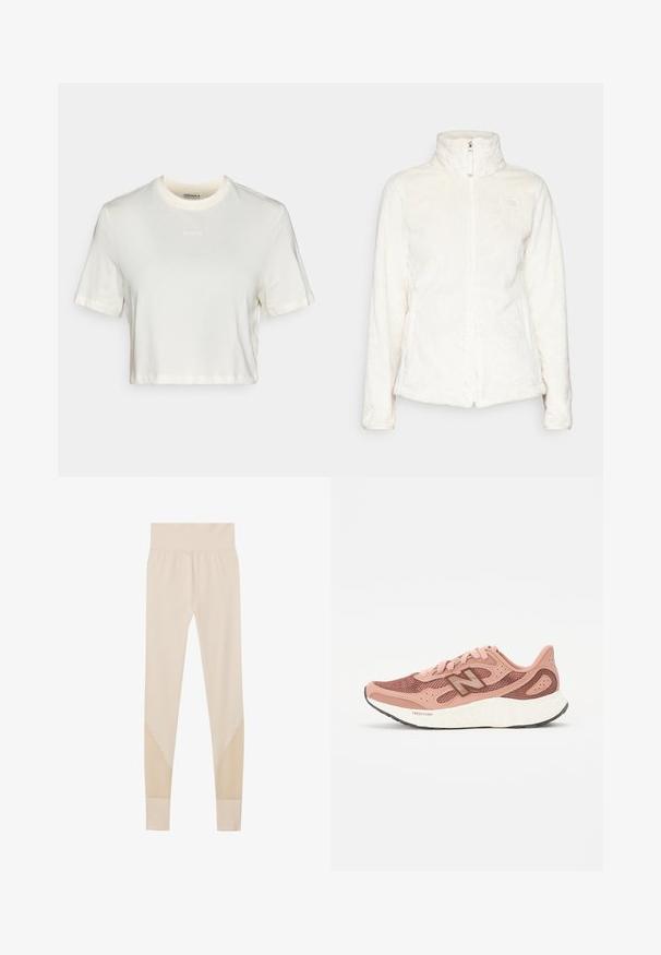 The North Face OSITO JACKET - Forro polar - white dune; Camiseta blanca recortada de algodón con una textura suave, con cuello redondo y mangas cortas. Logo "BORG" en bordado sutil.; Leggings beiges hechos de un material elástico, con una cinturilla ancha y acentos de malla en forma triangular en la parte baja de las piernas.; Zapatilla de running rosa con parte superior de malla, que presenta un diseño texturizado y acentos marrones. Suela ligera con un amortiguamiento significativo.