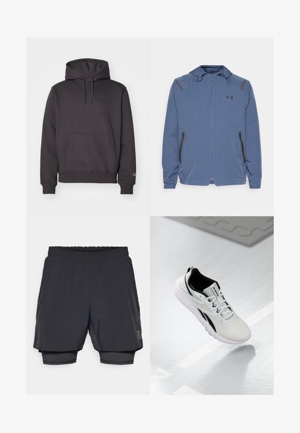 Giacca blu con cappuccio realizzata in materiale sintetico, caratterizzata da una chiusura frontale con zip, dettagli neri e due tasche con zip sui lati.; Felpa con cappuccio grigia scura, dotata di tasca a marsupio, cordino regolabile e logo ricamato sul petto e sulla manica. Tessuto morbido al tatto.; Shorts sportivi neri con cintura elastica, design a strati e foderatura interna aderente. Presentano un logo discreto sul lato inferiore.; Scarpa sportiva grigia chiara con dettagli neri, tomaia in rete testurizzata, suola imbottita e chiusura con lacci. Presenta un linguetta sul tallone.