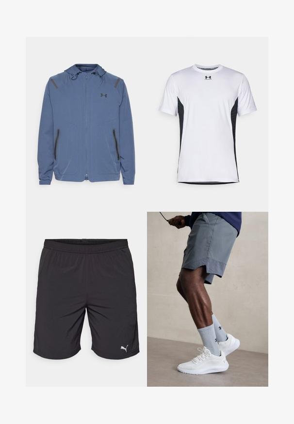 Chaqueta con capucha azul hecha de material sintético, con cierre frontal de cremallera, detalles en negro y dos bolsillos con cremallera a los lados.; Under Armour CHALLENGER PRO SS - Camiseta deportiva - white/black; Pantalones cortos deportivos negros hechos de tejido ligero con una cintura elástica. Presenta un pequeño logo blanco de Puma en la parte inferior izquierda.; Zapatillas deportivas blancas con parte superior de malla texturizada, combinadas con calcetas de canalé azul claro que cuentan con un logo. Pantalones cortos deportivos grises con borde perforado.