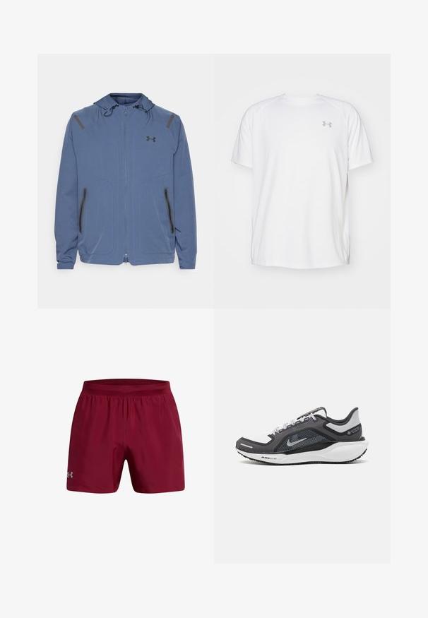 Giacca blu con cappuccio realizzata in materiale sintetico, caratterizzata da una chiusura frontale con zip, dettagli neri e due tasche con zip sui lati.; Maglietta da ginnastica bianca a maniche corte realizzata in tessuto liscio. Presenta un colletto rotondo e un logo grigio sul lato sinistro del petto, con fessure laterali all'orlo.; Under Armour LAUNCH - Pantaloncini sportivi - cardinal; Scarpa da ginnastica nera e grigia con tomaia in rete, dettagli riflettenti e intersuola bianca. Presenta una suola in gomma testurizzata e lacci.