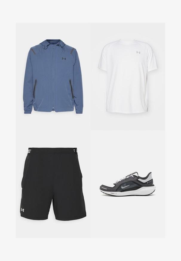 Chaqueta con capucha azul hecha de material sintético, con cierre frontal de cremallera, detalles en negro y dos bolsillos con cremallera a los lados.; Camisa atlética de manga corta blanca, hecha de tejido suave. Presenta un cuello redondo y un logo gris en el lado izquierdo del pecho, con aberturas laterales en el dobladillo.; Bermudas deportivas negras con una cinturilla elástica que presenta una marca en blanco. Fabricadas con un material ligero de textura suave y sin patrones visibles.; Zapatilla deportiva negro y gris con parte superior de malla, acentos reflectantes y una entresuela blanca. Presenta una suela de goma texturizada y cordones.