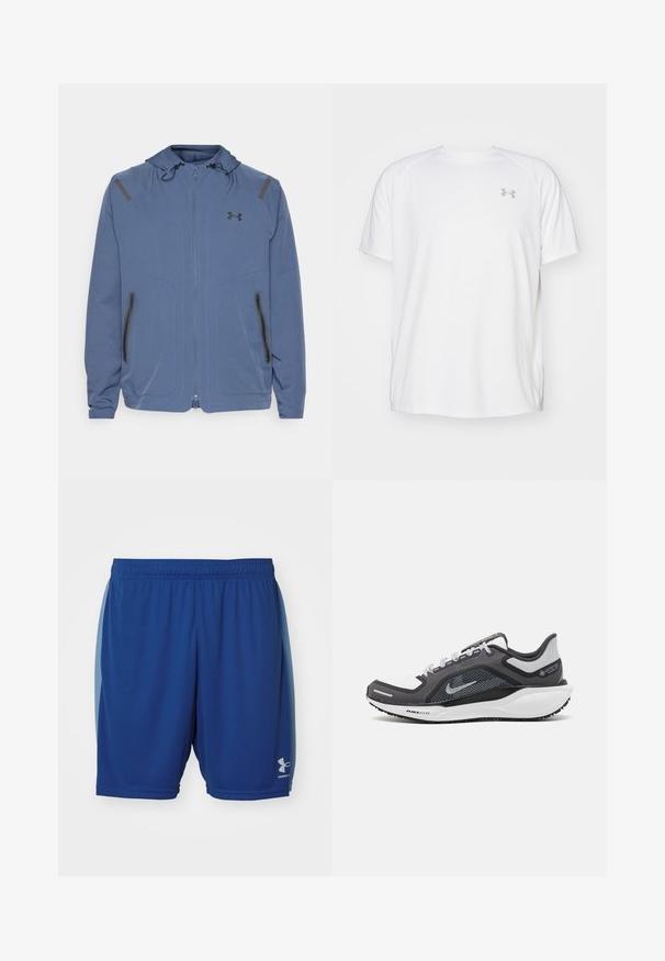 Chaqueta con capucha azul hecha de material sintético, con cierre frontal de cremallera, detalles en negro y dos bolsillos con cremallera a los lados.; Camisa atlética de manga corta blanca, hecha de tejido suave. Presenta un cuello redondo y un logo gris en el lado izquierdo del pecho, con aberturas laterales en el dobladillo.; Pantalones cortos deportivos azules hechos de una tela ligera, con una cintura elástica y un pequeño logo en la parte inferior de la pierna derecha.; Zapatilla deportiva negro y gris con parte superior de malla, acentos reflectantes y una entresuela blanca. Presenta una suela de goma texturizada y cordones.