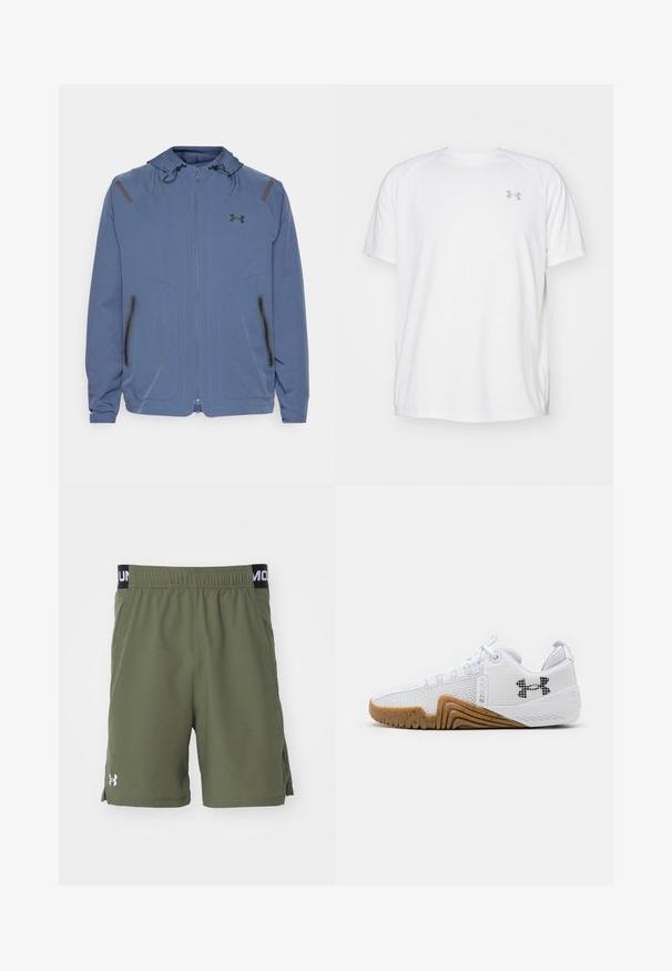 Blå huva jacka gjord av syntetiskt material, med dragkedja fram, svarta detaljer och två fickor med dragkedja på sidorna.; Vit kortärmad träningsskjorta tillverkad av mjukt tyg. Har rund halsringning och en grå logo på vänster bröst, med sidoflikar vid fållen.; Under Armour VANISH SHORTS - Träningsshorts - marine green/white; Vita atletiska skor med en meshuverdel, gummisula i gumfärg, texturerade detaljer och en svart logotyp på sidan.