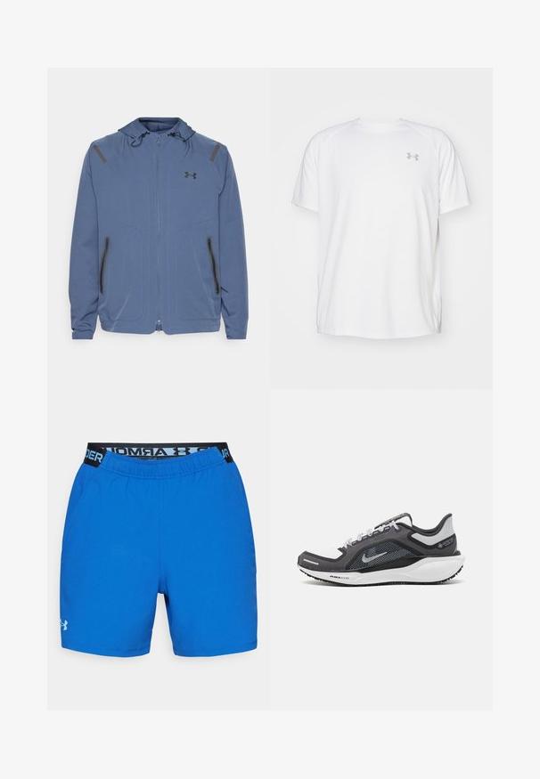 Chaqueta con capucha azul hecha de material sintético, con cierre frontal de cremallera, detalles en negro y dos bolsillos con cremallera a los lados.; Camisa atlética de manga corta blanca, hecha de tejido suave. Presenta un cuello redondo y un logo gris en el lado izquierdo del pecho, con aberturas laterales en el dobladillo.; Pantalones cortos deportivos azul claro fabricados en tejido suave. Cuentan con una cinturilla elástica con el logo negro de Under Armour y bolsillos laterales. Textura lisa.; Zapatilla deportiva negro y gris con parte superior de malla, acentos reflectantes y una entresuela blanca. Presenta una suela de goma texturizada y cordones.