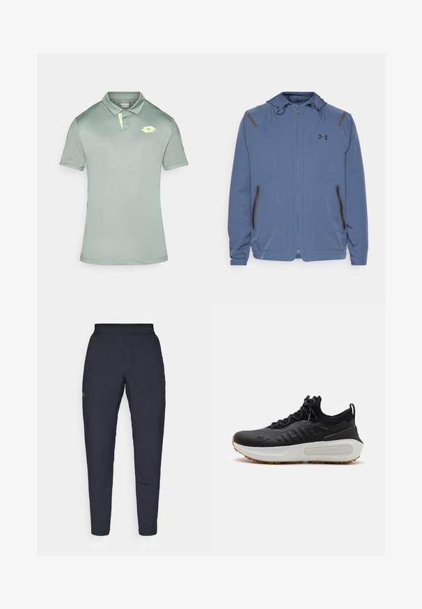 Giacca blu con cappuccio realizzata in materiale sintetico, caratterizzata da una chiusura frontale con zip, dettagli neri e due tasche con zip sui lati.; Polo di colore verde chiaro realizzato in tessuto morbido, con colletto, maniche corte e un piccolo logo al neon sul petto.; Pantaloni sportivi neri con una texture liscia, vestibilità slim, vita elastica e tasche laterali. Presentano un piccolo logo sulla coscia sinistra.; Scarpa sportiva nera con tomaia texturizzata, colletto simile a un calzino, lacci grigi e una suola intermedia bianca con design a motivi e suola in gomma.