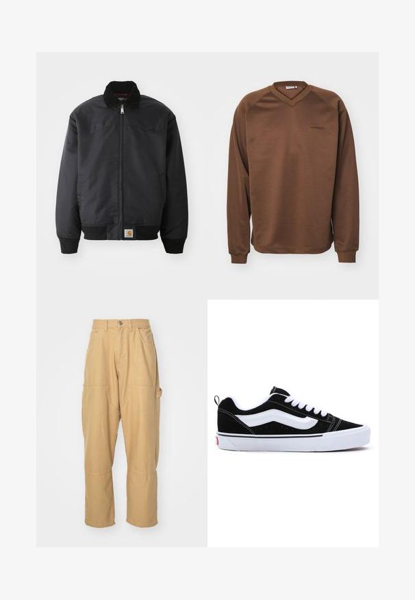 Juodas bombonešis su užtrauktuku, užsegimo apykakle, raukšlėtais rankogaliais ir apačia. Apačioje kairėje pusėje yra logotipo ženklelis. Lygi tekstūra.; Rudas megztinis su V formos iškirpte, ilgomis raglaninėmis rankovėmis ir gipiūro iškirpėmis. Krūtinėje yra subtilus siuvinėtas logotipas. Skaidrus audinys.; Šviesiai rudos spalvos krovinių kelnės, pagamintos iš medvilnės mišinio. turi kelis kišenes, tiesias kojas ir sagčių užsegimą juosmens srityje.; Juodi suede sportbačiai su baltais akcentais, turintys žemą fasoną, užrišamus raištelius ir storą baltą guminiu padais. Prekės ženklo logotipas ant kulno.