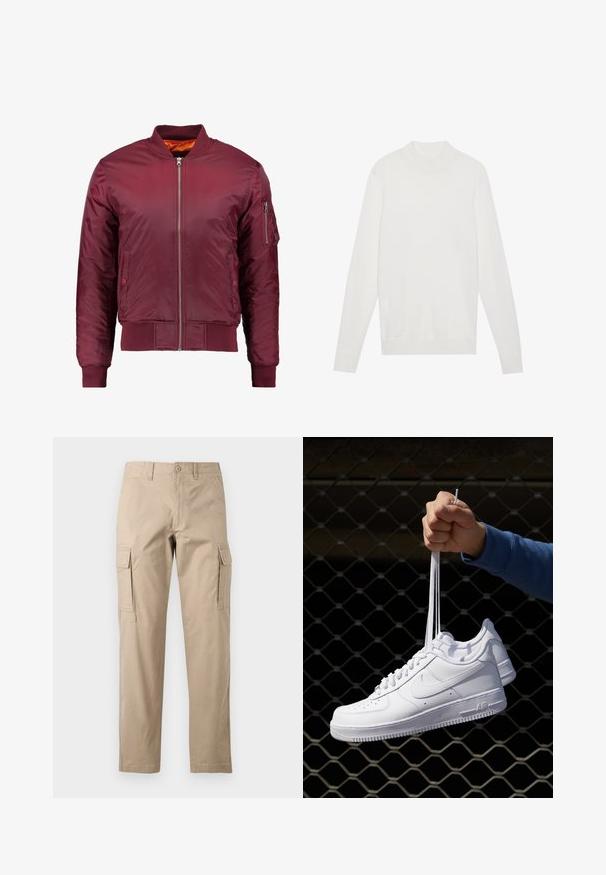 Maroon bomber jacket made of smooth, lightweight material. Features a front zipper, ribbed cuffs, and a pocket on the left sleeve.; White pullover sweater with a high neckline, long sleeves, and ribbed cuffs and hem. Made from a soft knit fabric. Simple and fitted design.; Beige cargo pants made of cotton, featuring side pockets, a straight leg design, and a button closure at the waist. Soft texture, casual style.; White leather sneakers with perforations, round toe, flat sole, and thick laces, featuring a visible swoosh logo and "AIR" on the heel.