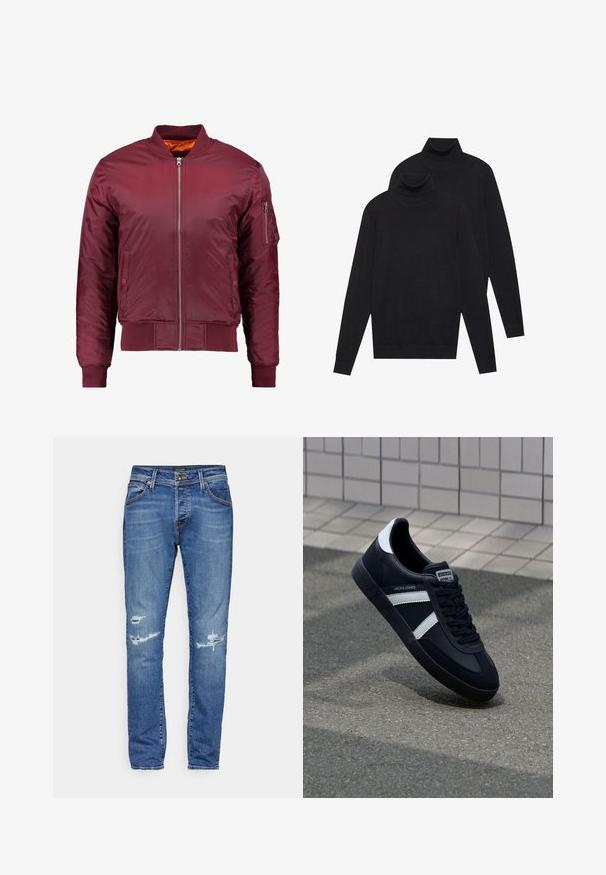 Bordo bomber jakna napravljena od glatkog, laganog materijala. Ima prednji zip, rebraste manžetne i džep na lijevoj rukavu.; Dva crna pulovera s dugim rukavima i visokim ovratnikom, jednostavna pletenina, složeni jedan iza drugog na bijeloj pozadini.; Plave traperice ravnog kroja, s istaknutim dijelovima na bedrima, vidljivim šavovima i klasičnim dizajnom sa pet džepova.; Crne kožne tenisice s bijelim prugama, strukturirana gumena potplate i vezanjem sprijeda. Ima oznaku brenda na jeziku.