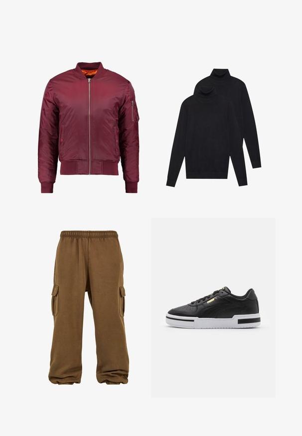 Bordový bomber kabát vyrobený z hladkého, lehkého materiálu. Obsahuje přední zip, žebrované manžety a kapsu na levém rukávu.; Dvoje černých pletených svetrů s dlouhým rukávem a rolákem, jednoduchý vzor, naskládány tak, že jeden je mírně za druhým na bílém pozadí.; Hnědé tepláky vyrobené z měkké tkaniny s volným střihem, s elastickým pasem, zúženými manžetami a bočními kapsami na cargo.; Černé kožené tenisky s bílou mezipodešví, perforovanou špičkou, zlatým logem, polstrovaným límcem a kontrastními černými akcenty na straně.
