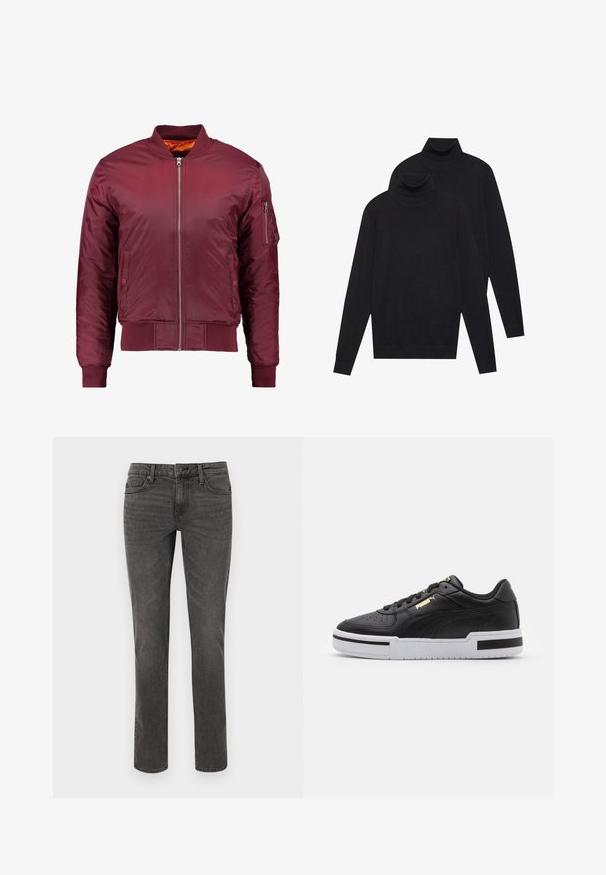 Bordo aviatora jakna, izgatavota no gludas, vieglas materiāla. Iezīmē priekšējo rāvējslēdzēju, ribotām aprocēm un kabatu kreisajā piedurknē.; Divi melni garie piedurkņu kūtīši, parasta adījuma, sakrauti viens nedaudz aizmugurē otrais uz baltas fona.; Pelēki džinsi ar taisnu kāju griezumu, ar šuvēm, piecām kabatām un metāla pogu aizdari jostasvietā.; Melnas ādas sporta kurpes ar baltu viduspaldu, perforētu purngalu, zelta logotipa detalizāciju, mīkstu apkaklīti un kontrastējošām melnām akcentēm sānos.