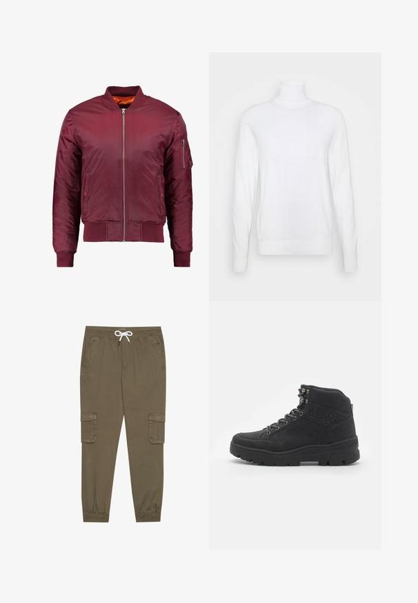 Mörkröd bomberjacka tillverkad av ett mjukt och lätt material. Har dragkedja fram, ribbade ärmslut och en ficka på vänster ärm.; Vit polotröja med långa ärmar, tillverkad av slät tyg. Har en figurnära design och ribbade ärmslut och nederkant. Ingen mönster eller detaljer.; Khaki cargobyxor med elastisk midja och dragsko, som har sidofickor och avslutningar vid anklarna. Tillverkade av ett texturerat, lätt material.; Svarta midibroderade stövlar i mocka. Har metallöglor, skosnören och en strukturerad gummisula med förstärkt häl.