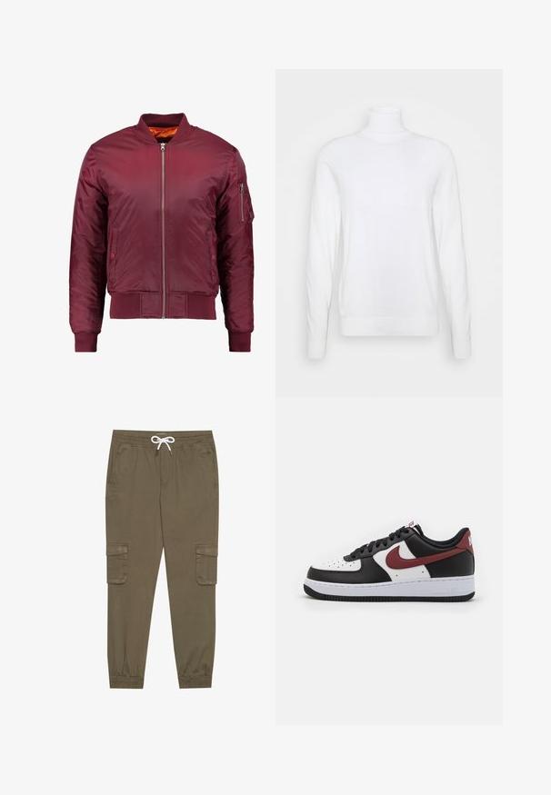 Bordový bomber kabát vyrobený z hladkého, lehkého materiálu. Obsahuje přední zip, žebrované manžety a kapsu na levém rukávu.; Bílý rolák s dlouhými rukávy, vyrobený z hladké látky. Má přiléhavý střih a žebrované manžety a lem. Žádné vzory nebo akcenty.; Khaki cargo kalhoty s elastickým pasem a tkaničkou, s bočními kapsami a manžetami na kotnících. Vyrobeno z texturovaného, lehkého materiálu.; Černo-bílé kožené tenisky s červeným znakem Nike. Obsahují perforovanou špičku, černé tkaničky a bílou mezipodešev s texturovanou černou podrážkou.