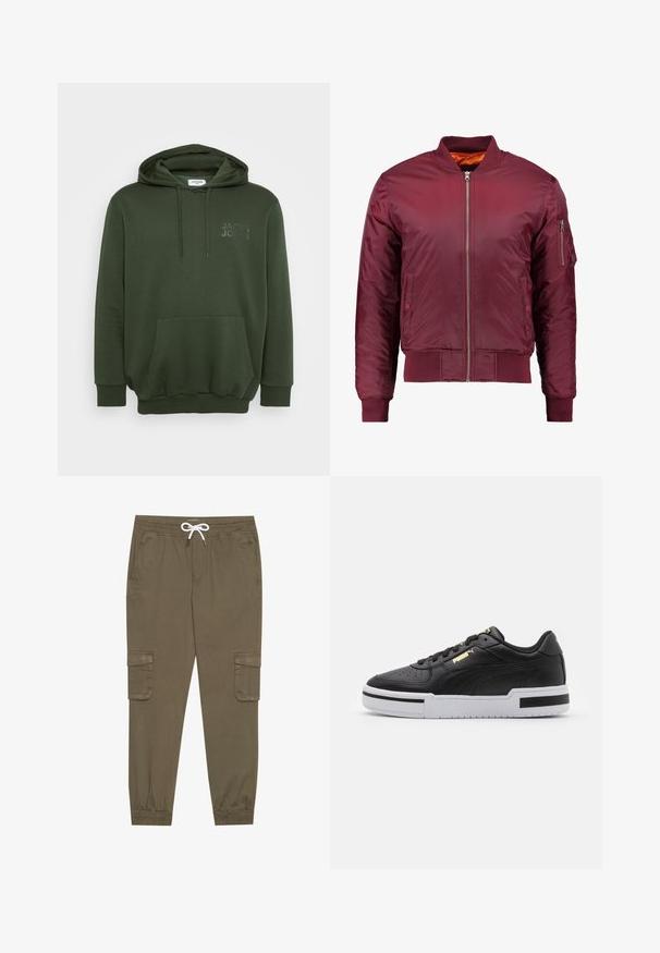 Bordo aviatora jakna, izgatavota no gludas, vieglas materiāla. Iezīmē priekšējo rāvējslēdzēju, ribotām aprocēm un kabatu kreisajā piedurknē.; Olīvu zaļš hoody ar priekšējo kabatu, aukliņu kapuci un iegravētu logo uz krūtīm. Izgatavots no mīksta, strukturēta auduma.; Kaki kravas bikses ar elastīgu jostu un auklu, ar sānu kabatām un piegrieztiem potīšu galiem. Izgatavotas no teksturēta, viegla materiāla.; Melnas ādas sporta kurpes ar baltu viduspaldu, perforētu purngalu, zelta logotipa detalizāciju, mīkstu apkaklīti un kontrastējošām melnām akcentēm sānos.