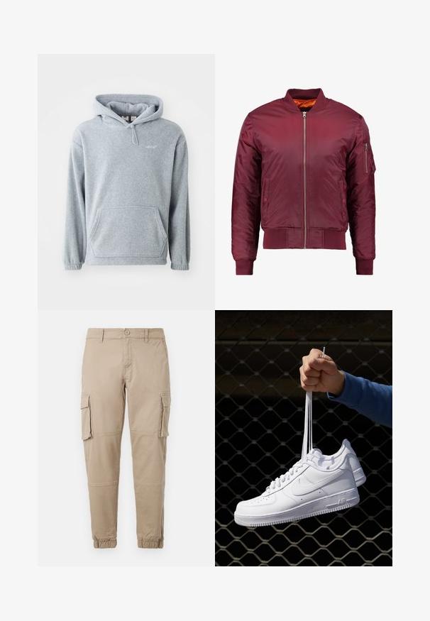 Bomber jacket maroon dibuat dari bahan halus dan ringan. Memiliki ritsleting depan, manset bergelombang, dan saku di lengan kiri.; Harmaa fleece-huppari, jossa on etutasku, säädettävä nyörihuppu ja ribatut hihansuut. Rinnassa pieni logo.; Beige cargo-housut kevyestä puuvillamateriaaliesta. Omistaa elastiset hihnat, useita sivutaskuja ja nappisuljin.; Valkoiset nahkasneakersit, joissa on rei'ityksiä, pyöreä kärki, tasapohja ja paksut nauhat, joissa on näkyvä swoosh-logo ja "AIR" kantapäässä.