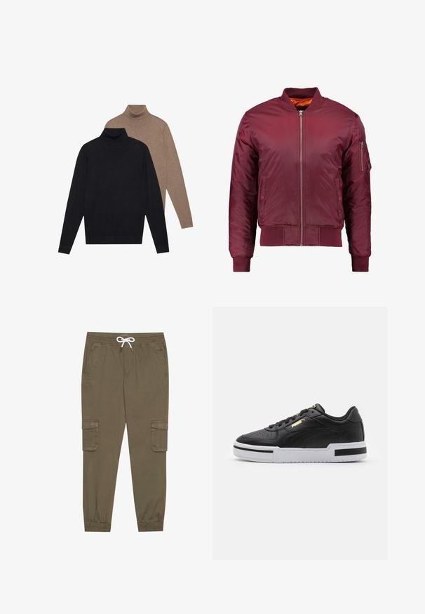 Bordeauxfarbener Bomberjacke aus glattem, leichtem Material. Verfügt über einen Reißverschluss vorne, gerippte Bündchen und eine Tasche am linken Ärmel.; Zwei Langarm-Turtleneck-Pullover, einer in Schwarz und einer in Hellbraun, aus weichem Strickstoff mit einem enganliegenden Design und gerippten Bündchen.; Khaki Cargo-Hosen mit elastischem Bund und Kordelzug, aus seitlichen Taschen und umgeschlagenen Knöcheln. Hergestellt aus einem strukturierten, leichten Material.; Schwarze Leder sneaker mit weißer Mittelsohle, perforierter Zehenpartie, goldfarbenem Logodetail, gepolstertem Kragen und kontrastierenden schwarzen Akzenten an der Seite.