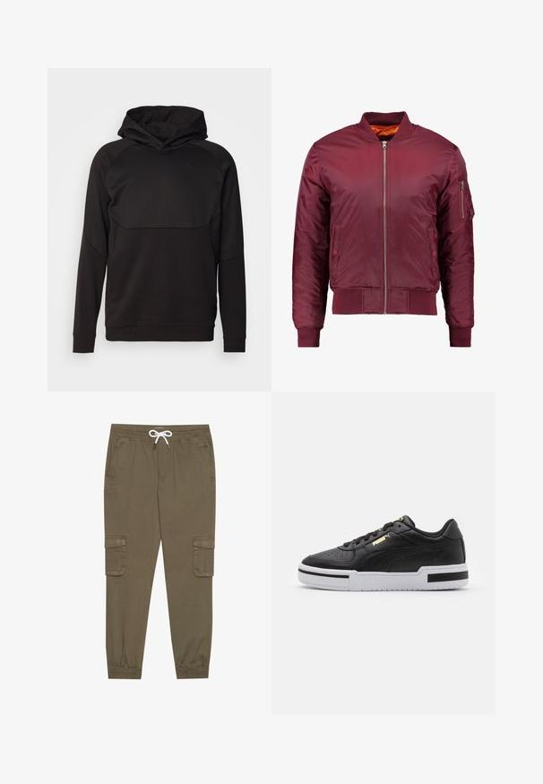 Giacca bomber color bordeaux realizzata in un materiale liscio e leggero. Presenta una zip frontale, polsini a coste e una tasca sul manica sinistra.; Felpa nera con cappuccio, maniche lunghe, design raglan e una texture liscia. Presenta una tasca a marsupio e un branding minimale.; Pantaloni cargo khaki con elastico in vita e cordino, dotati di tasche laterali e caviglie cuffiate. Realizzati in un materiale leggero e testurizzato.; Sneaker in pelle nera con suola bianca, punta perforata, dettaglio logo in oro, collare imbottito e accenti neri a contrasto sui lati.