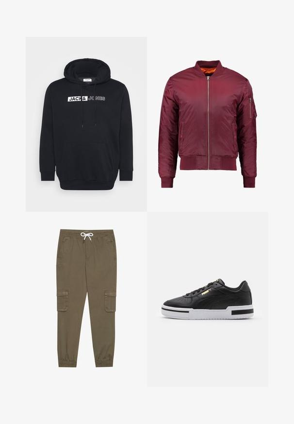 Jachetă bomber de culoare burgundă, realizată dintr-un material neted și ușor. Dispune de un fermoar frontal, manșete ribbrate și un buzunar pe mânecă, pe partea stângă.; Hanorac negru din material din amestec de bumbac, cu o mare buzunar frontal, glugă cu șnur și text de marcă alb pe piept.; Pantaloni cargo kaki cu talie elastică și șnur, cu buzunare laterale și gleznă strânsă. Realizați dintr-un material texturat și ușor.; Sneaker din piele neagră cu talpă intermediară albă, vârf perforat, detaliu logo auriu, guler căptușit și accente negre contrastante pe lateral.