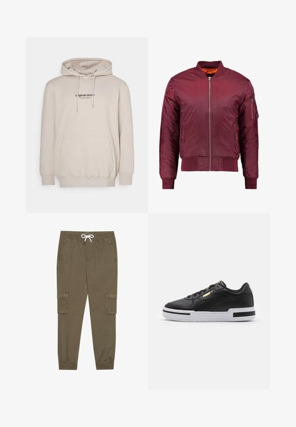 Giacca bomber color bordeaux realizzata in un materiale liscio e leggero. Presenta una zip frontale, polsini a coste e una tasca sul manica sinistra.; Jack & Jones JORVESTERBRO HOOD - Felpa con cappuccio - moonbeam; Pantaloni cargo khaki con elastico in vita e cordino, dotati di tasche laterali e caviglie cuffiate. Realizzati in un materiale leggero e testurizzato.; Sneaker in pelle nera con suola bianca, punta perforata, dettaglio logo in oro, collare imbottito e accenti neri a contrasto sui lati.