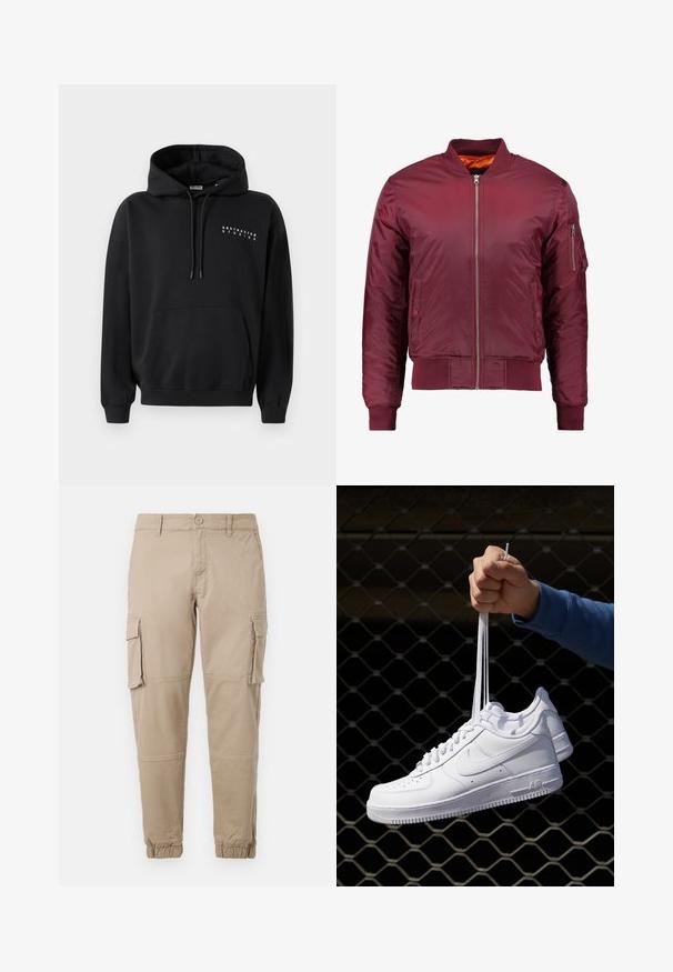 Veste bomber bordeaux en matériau lisse et léger. Comprend une fermeture éclair à l'avant, des poignets côtelés et une poche sur la manche gauche.; Sweatshirt noir avec une poche kangourou à l'avant, capuche avec cordon de serrage, et "ABSTRACTED STUDIOS" imprimé en blanc sur la poitrine. Design à enfiler.; Pantalons cargo beiges en coton léger. Comprend des poignets élastiques, plusieurs poches latérales et une fermeture à bouton.; Baskets en cuir blanc avec perforations, à bout rond, semelle plate et lacets épais, arborant un logo swoosh visible et "AIR" sur le talon.