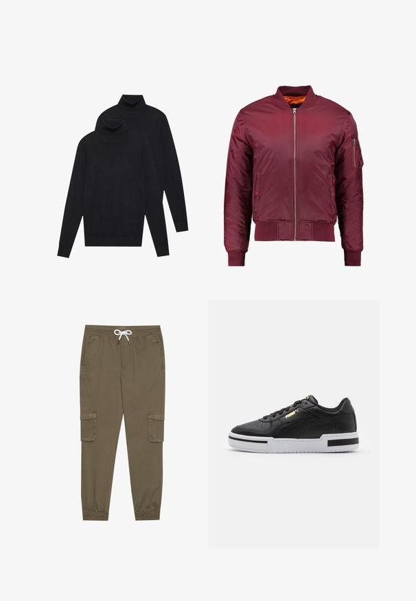 Burgundi bomber dzseki sima, könnyű anyagból készült. Elülső cipzárral, bordázott mandzsettákkal és zsebbe a bal ujjon.; Két fekete, hosszúujjú garbó, sima kötésű, egymásra helyezve, az egyik kicsit a másik mögött, fehér háttér előtt.; Kaki cargo nadrág, rugalmas derékkal és húzózsinórral, oldalsó zsebekkel és szűkített bokákkal. Texturált, könnyű anyagból készült.; Fekete bőrsneaker fehér középtalppal, perforált orral, arany logóval, párnázott bokarésszel és kontrasztos fekete részletekkel az oldalon.