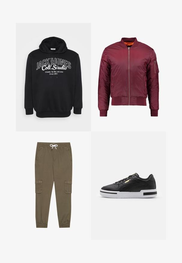Chaqueta bomber de color burdeos, fabricada con material suave y ligero. Presenta un cierre frontal de cremallera, puños acanalados y un bolsillo en la manga izquierda.; Sudadera negra con capucha y cordones ajustables en los puños. Presenta un logo de texto blanco "JACK & JONES Coll. Studio" centrado en la parte delantera.; Pantalones cargo caqui con cintura elástica y cordón, que cuentan con bolsillos laterales y tobillos ajustados. Fabricados en un material ligero y texturizado.; Zapatilla deportiva de cuero negro con media suela blanca, puntera perforada, detalle del logo en dorado, cuello acolchado y acentos en negro contrastantes en los laterales.