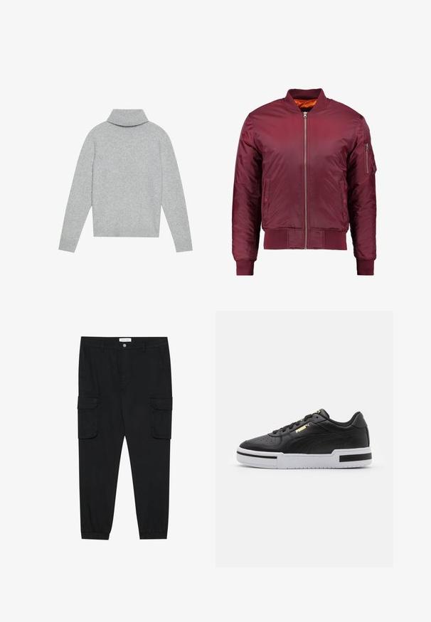 Veste bomber bordeaux en matériau lisse et léger. Comprend une fermeture éclair à l'avant, des poignets côtelés et une poche sur la manche gauche.; Pull à col roulé gris clair avec un col et des poignets côtelés, fabriqué en tissu tricoté doux. Présente une coupe décontractée et une couleur unie.; Pantalons cargo noirs avec des jambes droites, des poignets élastiques et plusieurs poches latérales. Fabriqués en tissu texturé avec une fermeture à bouton.; Sneakers en cuir noir avec une semelle intermédiaire blanche, bout perforé, détail de logo doré, col rembourré et accents noirs contrastants sur le côté.