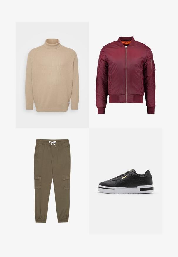 Giacca bomber color bordeaux realizzata in un materiale liscio e leggero. Presenta una zip frontale, polsini a coste e una tasca sul manica sinistra.; Jack & Jones JJPANNEL ROLL NECK - Maglione - crockery; Pantaloni cargo khaki con elastico in vita e cordino, dotati di tasche laterali e caviglie cuffiate. Realizzati in un materiale leggero e testurizzato.; Sneaker in pelle nera con suola bianca, punta perforata, dettaglio logo in oro, collare imbottito e accenti neri a contrasto sui lati.