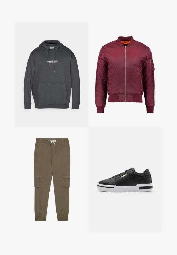 Bordo aviatora jakna, izgatavota no gludas, vieglas materiāla. Iezīmē priekšējo rāvējslēdzēju, ribotām aprocēm un kabatu kreisajā piedurknē.; Tumši pelēks kapučinis, kas izgatavots no mīkstas auduma. Iespējo ar aukliņu regulējamu kapuci, priekšējo kangaroo tipu kabatu un baltu teksta logotipu uz krūts.; Kaki kravas bikses ar elastīgu jostu un auklu, ar sānu kabatām un piegrieztiem potīšu galiem. Izgatavotas no teksturēta, viegla materiāla.; Melnas ādas sporta kurpes ar baltu viduspaldu, perforētu purngalu, zelta logotipa detalizāciju, mīkstu apkaklīti un kontrastējošām melnām akcentēm sānos.