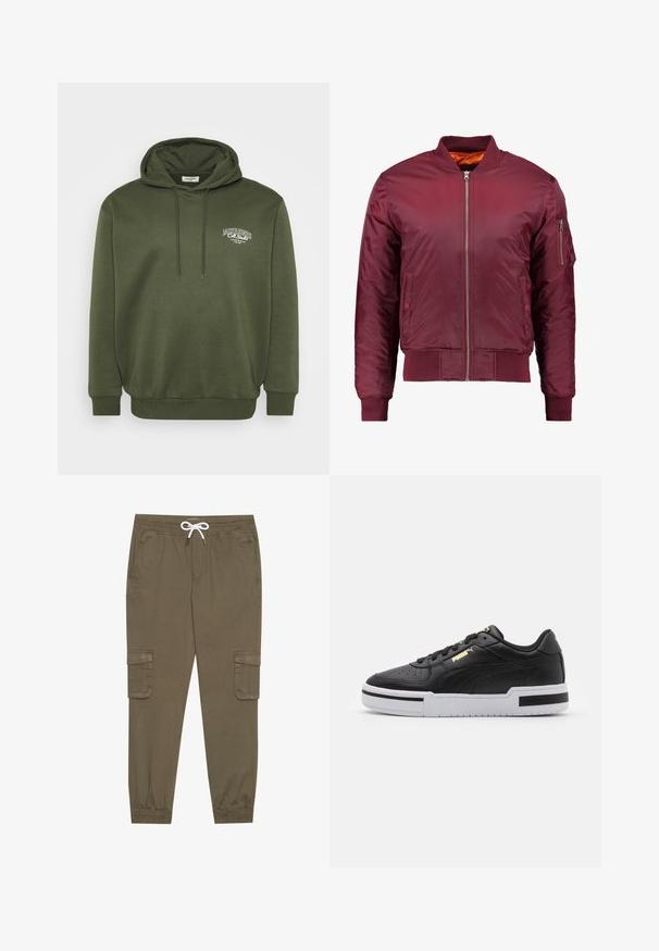 Giacca bomber color bordeaux realizzata in un materiale liscio e leggero. Presenta una zip frontale, polsini a coste e una tasca sul manica sinistra.; Felpa verde oliva realizzata in tessuto misto cotone, con tasca a canguro frontale, cappuccio con cordoncino e ricamo bianco del logo sul petto.; Pantaloni cargo khaki con elastico in vita e cordino, dotati di tasche laterali e caviglie cuffiate. Realizzati in un materiale leggero e testurizzato.; Sneaker in pelle nera con suola bianca, punta perforata, dettaglio logo in oro, collare imbottito e accenti neri a contrasto sui lati.