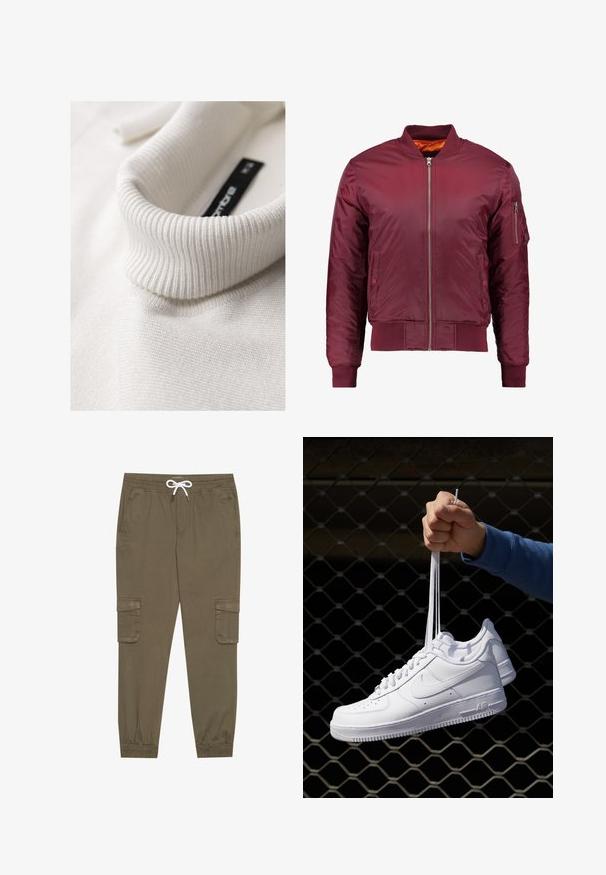 Chaqueta bomber de color burdeos, fabricada con material suave y ligero. Presenta un cierre frontal de cremallera, puños acanalados y un bolsillo en la manga izquierda.; Suéter de cuello alto blanco, acanalado, en una vista en primer plano que destaca su textura y los detalles del pliegue del cuello.; Pantalones cargo caqui con cintura elástica y cordón, que cuentan con bolsillos laterales y tobillos ajustados. Fabricados en un material ligero y texturizado.; Zapatillas de cuero blanco con perforaciones, punta redonda, suela plana y cordones gruesos, con un logo de swoosh visible y "AIR" en el talón.