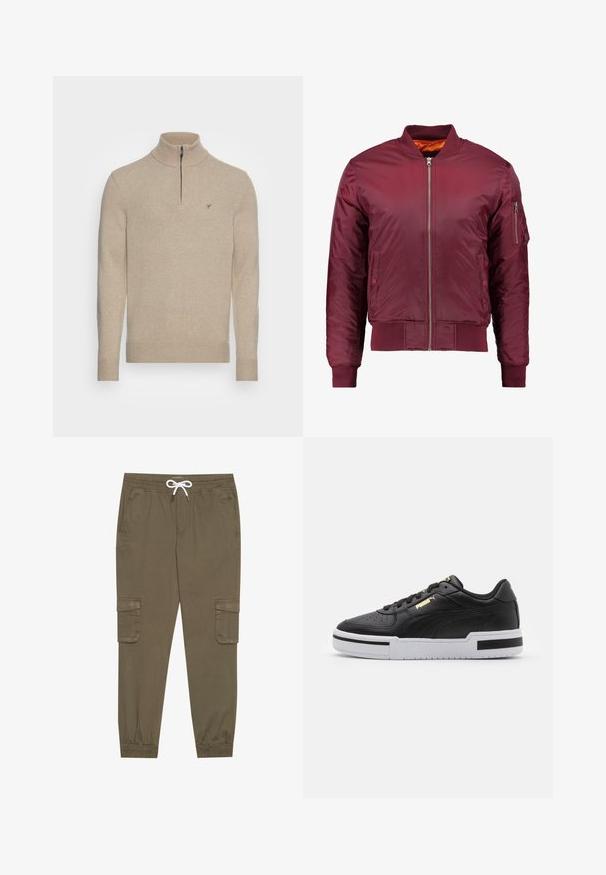 Veste bomber bordeaux en matériau lisse et léger. Comprend une fermeture éclair à l'avant, des poignets côtelés et une poche sur la manche gauche.; Pull en tricot beige avec un col montant et une fermeture éclair moitié. Présente des poignets et un ourlet côtelés, avec un logo brodé sur la poitrine.; Pantalons cargo kaki avec une taille élastique et un cordon de serrage, dotés de poches latérales et de chevilles côtelées. Fabriqués en matériau texturé et léger.; Sneakers en cuir noir avec une semelle intermédiaire blanche, bout perforé, détail de logo doré, col rembourré et accents noirs contrastants sur le côté.