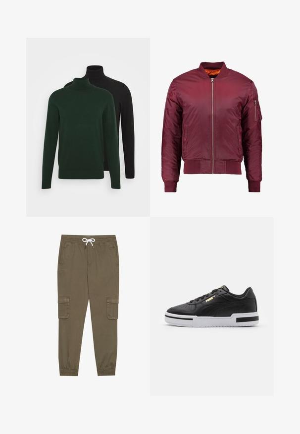 Bordový bomber kabát vyrobený z hladkého, lehkého materiálu. Obsahuje přední zip, žebrované manžety a kapsu na levém rukávu.; Dvoje roláků, jeden tmavě zelený a jeden černý, vyrobených z hladké látky, s dlouhými rukávy a žebrovanými manžetami.; Khaki cargo kalhoty s elastickým pasem a tkaničkou, s bočními kapsami a manžetami na kotnících. Vyrobeno z texturovaného, lehkého materiálu.; Černé kožené tenisky s bílou mezipodešví, perforovanou špičkou, zlatým logem, polstrovaným límcem a kontrastními černými akcenty na straně.