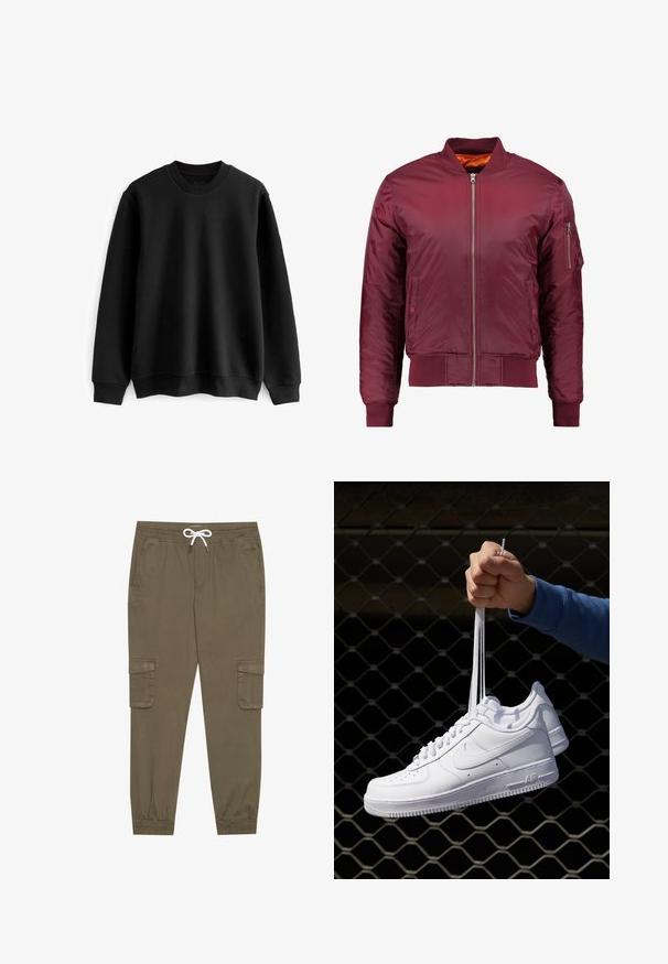 Bomber jacket maroon dibuat dari bahan halus dan ringan. Memiliki ritsleting depan, manset bergelombang, dan saku di lengan kiri.; Next TEXTURE CREW - Collegepaita - black; Khaki cargo-housut, joissa on joustava vyötärö ja kiristysnauha, sekä sivutaskut ja lahkeiden resorit. Valmistettu teksturoidusta, kevyestä materiaalista.; Valkoiset nahkasneakersit, joissa on rei'ityksiä, pyöreä kärki, tasapohja ja paksut nauhat, joissa on näkyvä swoosh-logo ja "AIR" kantapäässä.