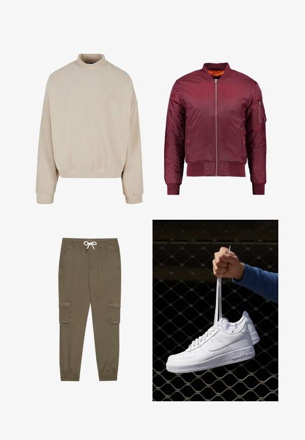 Giacca bomber color bordeaux realizzata in un materiale liscio e leggero. Presenta una zip frontale, polsini a coste e una tasca sul manica sinistra.; Felpa in pile beige con colletto alto, vestibilità ampia, spalle cadute e polsini a coste. Texture morbida e design semplice senza motivi.; Pantaloni cargo khaki con elastico in vita e cordino, dotati di tasche laterali e caviglie cuffiate. Realizzati in un materiale leggero e testurizzato.; Sneakers in pelle bianca con perforazioni, punta rotonda, suola piatta e lacci spessi, con logo swoosh visibile e "AIR" sul tallone.