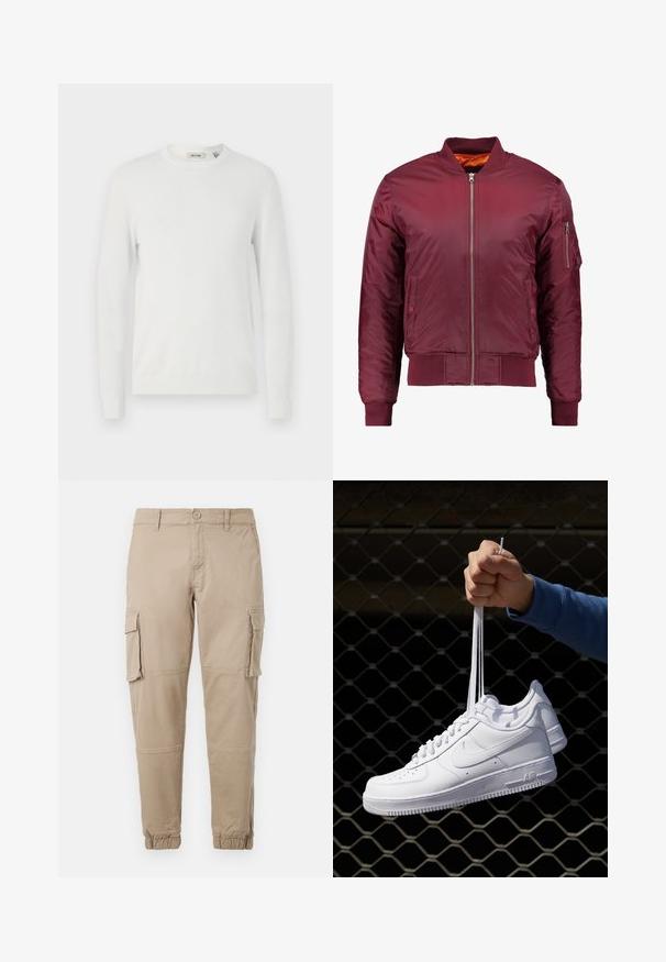 Bordeauxfarbener Bomberjacke aus glattem, leichtem Material. Verfügt über einen Reißverschluss vorne, gerippte Bündchen und eine Tasche am linken Ärmel.; Only & Sons ONSALEX CREW NECK - Strickpullover - egret; Beige Cargo-Hosen aus leichtem Baumwollmaterial. Mit elastischen Bündchen, mehreren Seitentaschen und einem Knopfverschluss.; Weiße Leder-Sneaker mit Perforationen, runder Zehenpartie, flacher Sohle und dicken Schnürsenkeln, mit sichtbar eingesticktem Swoosh-Logo und "AIR" an der Ferse.