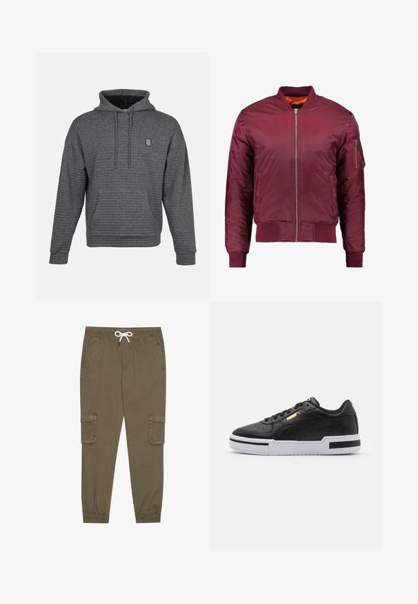 Veste bomber bordeaux en matériau lisse et léger. Comprend une fermeture éclair à l'avant, des poignets côtelés et une poche sur la manche gauche.; Hoodie gris avec un design texturé en tricot gaufré. Il présente une poche avant, une capuche réglable avec cordon de serrage et un petit logo brodé.; Pantalons cargo kaki avec une taille élastique et un cordon de serrage, dotés de poches latérales et de chevilles côtelées. Fabriqués en matériau texturé et léger.; Sneakers en cuir noir avec une semelle intermédiaire blanche, bout perforé, détail de logo doré, col rembourré et accents noirs contrastants sur le côté.