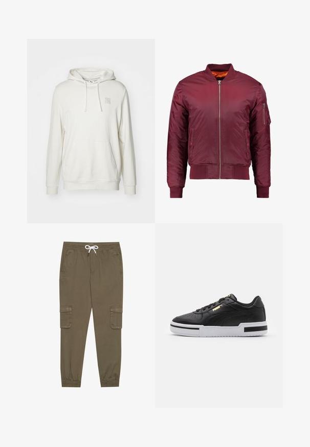 Giacca bomber color bordeaux realizzata in un materiale liscio e leggero. Presenta una zip frontale, polsini a coste e una tasca sul manica sinistra.; Felpa leggera color beige realizzata in tessuto misto cotone. Presenta una tasca a marsupio, un cappuccio con cordino e una piccola etichetta con logo sul petto.; Pantaloni cargo khaki con elastico in vita e cordino, dotati di tasche laterali e caviglie cuffiate. Realizzati in un materiale leggero e testurizzato.; Sneaker in pelle nera con suola bianca, punta perforata, dettaglio logo in oro, collare imbottito e accenti neri a contrasto sui lati.