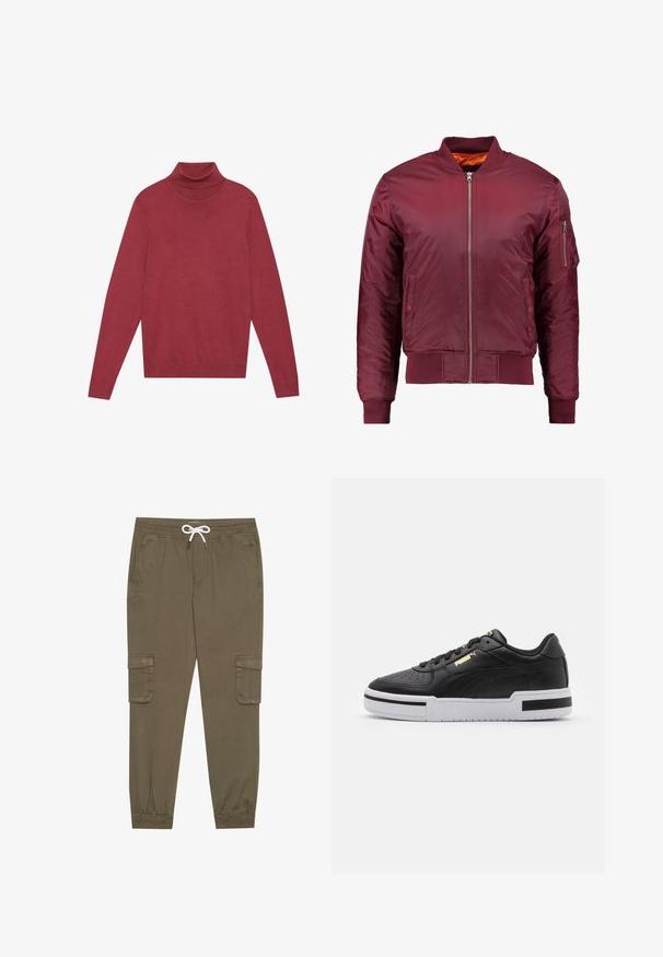 Bordeaux bomberjack gemaakt van soepel, lichtgewicht materiaal. Kenmerkt zich door een voorrits, geribbelde manchetten en een zak op de linker mouw.; Rode coltrui gemaakt van zachte breimateriaal. Heeft lange mouwen en een aansluitend ontwerp. Gladde textuur zonder zichtbare patronen of hardware.; Khaki cargobroek met een elastische tailleband en trekkoord, voorzien van zijzakken en afgeknipte enkels. Gemaakt van een gestructureerd, lichtgewicht materiaal.; Zwarte leren sneaker met witte tussenzool, geperforeerde neus, gouden logo-detail, gevoerde kraag en contrasterende zwarte accenten aan de zijkant.