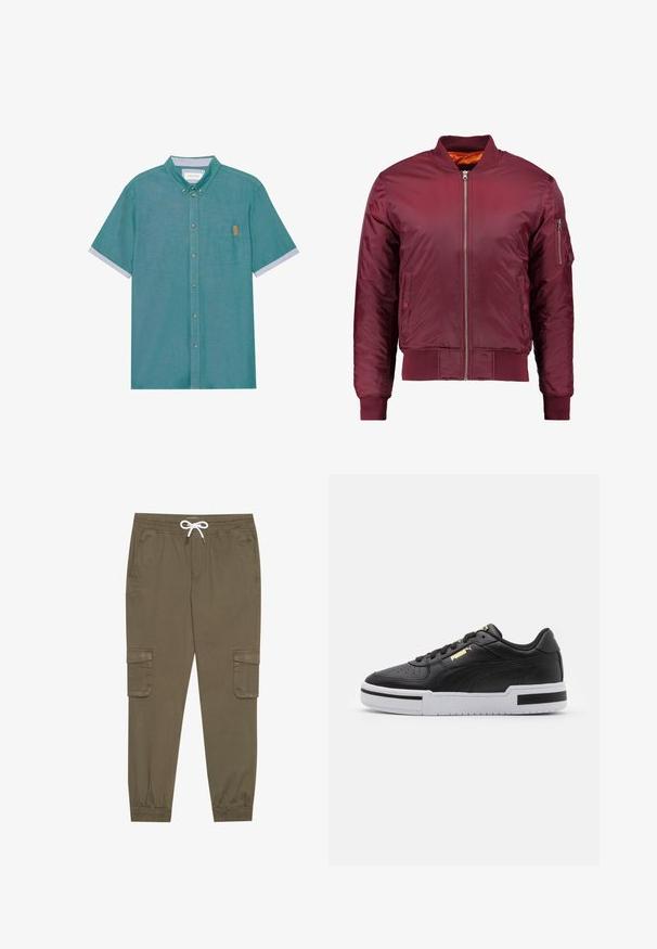 Bordový bomber kabát vyrobený z hladkého, ľahkého materiálu. Má predný zips, rebrované manžety a vrecko na ľavom rukáve.; Krátky rukáv, košeľa na gombíky z tkaniny v odtieni teal s náprsníkovou vreckom a kontrastnými svetlošedými manžetami, ktorá má jemnú textúru a hnedú etiketu.; Khaki cargo nohavice s elastickým pásom a šnúrkou, pričom majú bočné vrecká a zúžené členky. Vyrobené z textúrovaného, ľahkého materiálu.; Čierne kožené tenisky s bielou medzipodrážkou, perforovanou špičkou, zlatým logom, polstrovaným golierom a kontrastnými čiernymi akcentmi na boku.