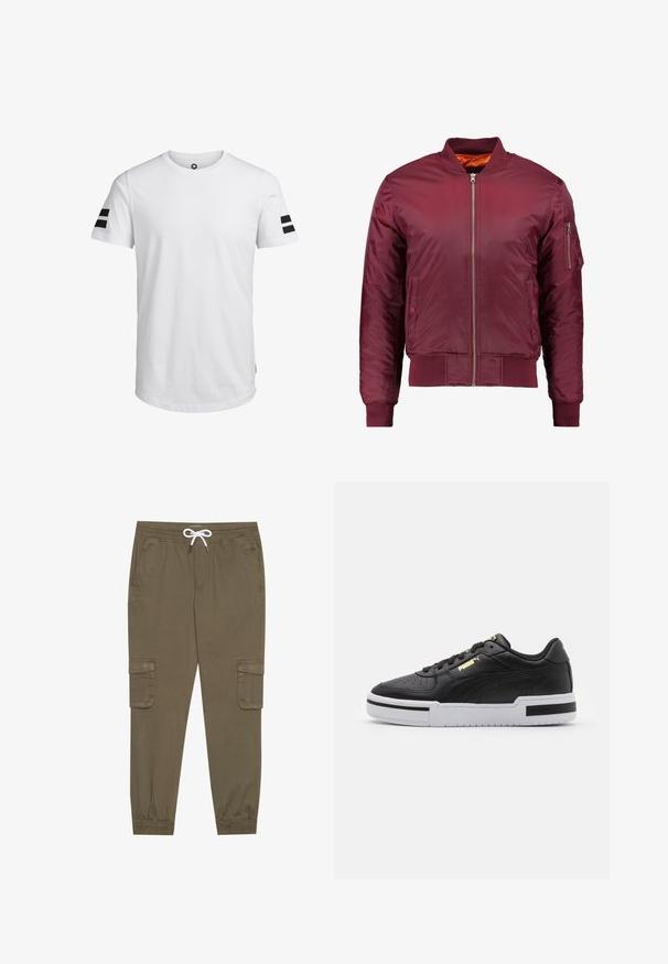 Bordeaux bomberjack gemaakt van soepel, lichtgewicht materiaal. Kenmerkt zich door een voorrits, geribbelde manchetten en een zak op de linker mouw.; Jack & Jones JCOBORO TEE CREW NECK - T-shirt print - white; Khaki cargobroek met een elastische tailleband en trekkoord, voorzien van zijzakken en afgeknipte enkels. Gemaakt van een gestructureerd, lichtgewicht materiaal.; Zwarte leren sneaker met witte tussenzool, geperforeerde neus, gouden logo-detail, gevoerde kraag en contrasterende zwarte accenten aan de zijkant.