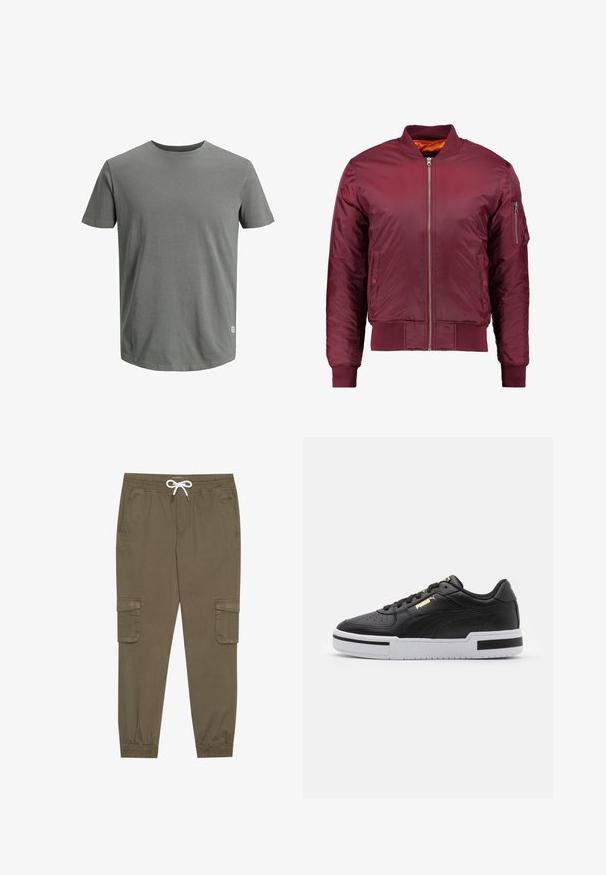 Burgundi bomber dzseki sima, könnyű anyagból készült. Elülső cipzárral, bordázott mandzsettákkal és zsebbe a bal ujjon.; Jack & Jones JJENOA TEE CREW NECK - Basic póló - sedona sage; Kaki cargo nadrág, rugalmas derékkal és húzózsinórral, oldalsó zsebekkel és szűkített bokákkal. Texturált, könnyű anyagból készült.; Fekete bőrsneaker fehér középtalppal, perforált orral, arany logóval, párnázott bokarésszel és kontrasztos fekete részletekkel az oldalon.