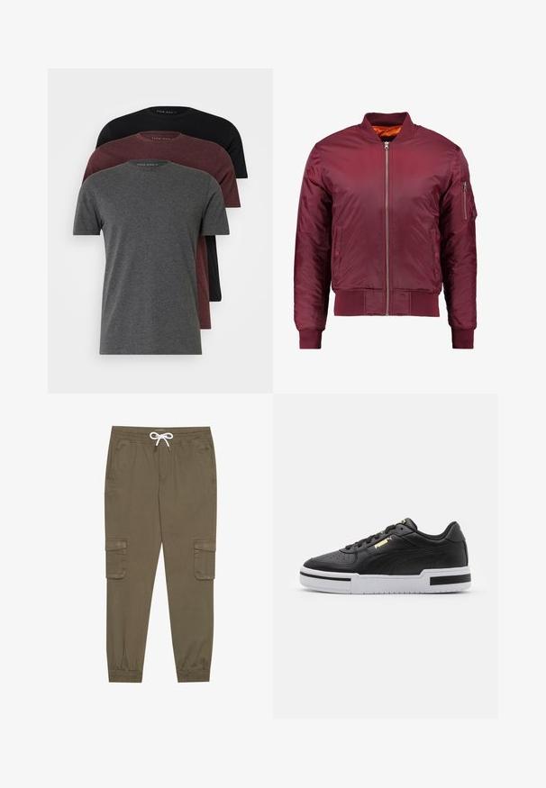 Bordový bomber kabát vyrobený z hladkého, lehkého materiálu. Obsahuje přední zip, žebrované manžety a kapsu na levém rukávu.; Tři trička s krátkým rukávem v tmavě šedé, burgundské a černé barvě. Vyrobená z měkké bavlny, s kulatým výstřihem a volným střihem.; Khaki cargo kalhoty s elastickým pasem a tkaničkou, s bočními kapsami a manžetami na kotnících. Vyrobeno z texturovaného, lehkého materiálu.; Černé kožené tenisky s bílou mezipodešví, perforovanou špičkou, zlatým logem, polstrovaným límcem a kontrastními černými akcenty na straně.