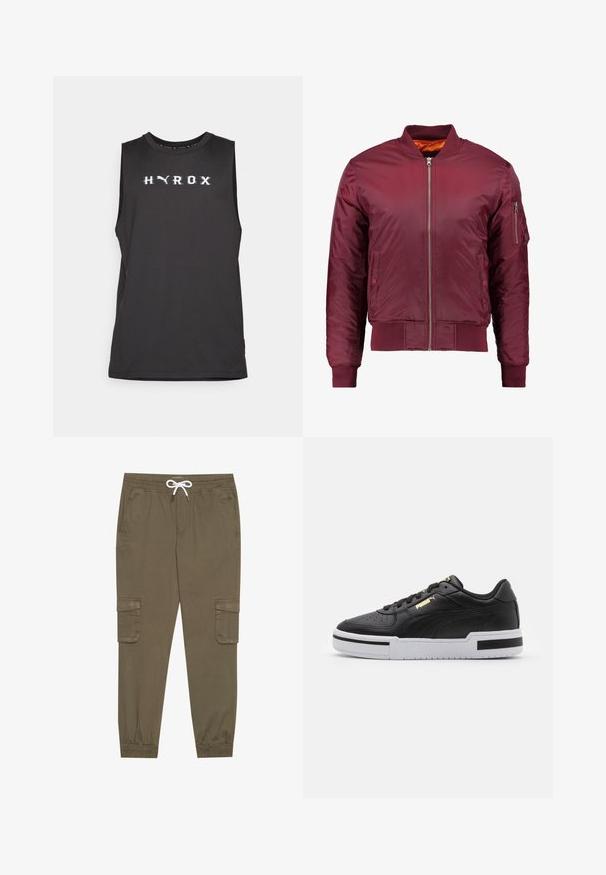 Bordeauxfarbener Bomberjacke aus glattem, leichtem Material. Verfügt über einen Reißverschluss vorne, gerippte Bündchen und eine Tasche am linken Ärmel.; Schwarzes ärmelloses Sportoberteil mit "HYROX" in weißer Schrift über der Brust. Glattes Material, Rundhalsausschnitt und normale Passform.; Khaki Cargo-Hosen mit elastischem Bund und Kordelzug, aus seitlichen Taschen und umgeschlagenen Knöcheln. Hergestellt aus einem strukturierten, leichten Material.; Schwarze Leder sneaker mit weißer Mittelsohle, perforierter Zehenpartie, goldfarbenem Logodetail, gepolstertem Kragen und kontrastierenden schwarzen Akzenten an der Seite.