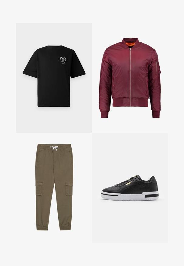 Giacca bomber color bordeaux realizzata in un materiale liscio e leggero. Presenta una zip frontale, polsini a coste e una tasca sul manica sinistra.; T-shirt nera a maniche corte con un piccolo logo bianco sul petto che mostra una caffettiera e il testo "Cortado Coffee Original 2013."; Pantaloni cargo khaki con elastico in vita e cordino, dotati di tasche laterali e caviglie cuffiate. Realizzati in un materiale leggero e testurizzato.; Sneaker in pelle nera con suola bianca, punta perforata, dettaglio logo in oro, collare imbottito e accenti neri a contrasto sui lati.