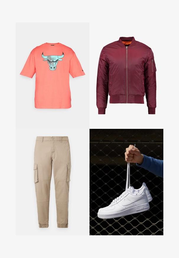 Burgundi bomber dzseki sima, könnyű anyagból készült. Elülső cipzárral, bordázott mandzsettákkal és zsebbe a bal ujjon.; Korall színű, rövid ujjú pamut póló, türkiz színű bika grafikával az elülső részen. Normál szabású, kerek nyakkivágással.; Beige színű cargo nadrág könnyű pamut anyagból. Rugalmas mandzsettákkal, több oldalsó zsebbel és gombos záródással rendelkezik.; Fehér bőr sportcipők perforációval, kerek orral, lapos talppal és vastag fűzőkkel, látható swoosh logóval és "AIR" felirattal a sarokrészen.