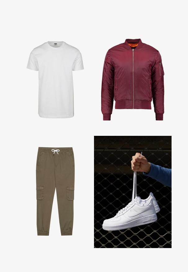 Bomber jacket maroon dibuat dari bahan halus dan ringan. Memiliki ritsleting depan, manset bergelombang, dan saku di lengan kiri.; Valkoinen puuvillainen t-paita, jossa on pyöreä kaula-aukko, lyhyet hihat ja rento istuvuus. Tagi lukee "URBAN CLASSICS." Sileä rakenne, ei kuvioita tai korostuksia.; Khaki cargo-housut, joissa on joustava vyötärö ja kiristysnauha, sekä sivutaskut ja lahkeiden resorit. Valmistettu teksturoidusta, kevyestä materiaalista.; Valkoiset nahkasneakersit, joissa on rei'ityksiä, pyöreä kärki, tasapohja ja paksut nauhat, joissa on näkyvä swoosh-logo ja "AIR" kantapäässä.
