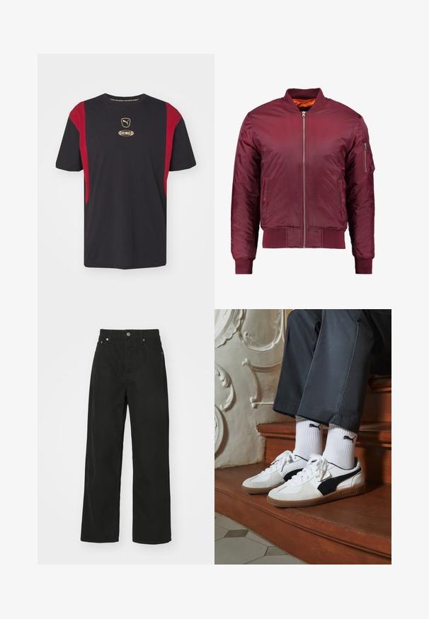 Chaqueta bomber de color burdeos, fabricada con material suave y ligero. Presenta un cierre frontal de cremallera, puños acanalados y un bolsillo en la manga izquierda.; Camiseta negra con acentos rojos en los laterales, cuello redondo y un logo dorado de "KING" en el pecho. Fabricada con material de algodón suave.; Pantalones de mezclilla negra con un diseño de pierna recta, que cuentan con cinco bolsillos, cierre de botón y una cintura clásica. Textura suave.; Zapatillas Puma en gamuza blanca y negra, con una suela de goma marrón. Combinadas con calcetines blancos que muestran un logo negro, llevados con pantalones oscuros.