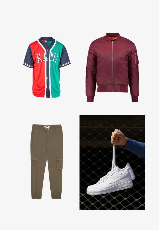 Bomber jacket maroon dibuat dari bahan halus dan ringan. Memiliki ritsleting depan, manset bergelombang, dan saku di lengan kiri.; Lyhythihainen paita, jossa on punaisia ja vihreitä osia, laivastonsiniset hihat ja viimeistely. Tyylissä on nappikiinnitys ja etupuolella valkoiset kirjaimet "KANI".; Khaki cargo-housut, joissa on joustava vyötärö ja kiristysnauha, sekä sivutaskut ja lahkeiden resorit. Valmistettu teksturoidusta, kevyestä materiaalista.; Valkoiset nahkasneakersit, joissa on rei'ityksiä, pyöreä kärki, tasapohja ja paksut nauhat, joissa on näkyvä swoosh-logo ja "AIR" kantapäässä.