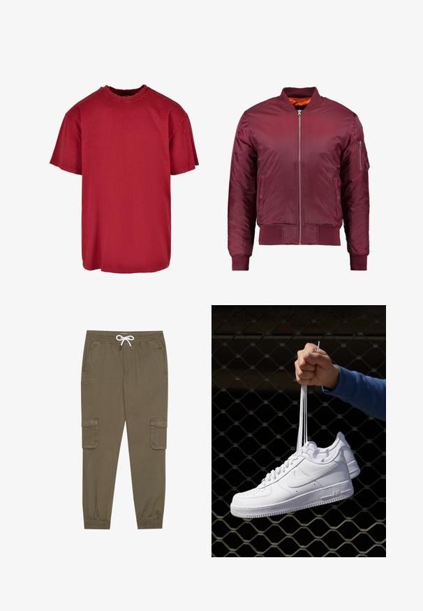 Bordeaux bomberjakke lavet af glat, let materiale. Har en frontlynlås, ribbede manchetter og en lomme på venstre ærme.; Rød bomulds T-shirt med afslappet pasform, korte ærmer, rund halsudskæring og slidte detaljer nær skuldrene. Ingen synlige logoer.; Khaki cargo bukser med elastisk linning og snor, med sidelommer og manchetter ved anklerne. Fremstillet af et tekstureret, let materiale.; Hvide lædersneakers med perforeringer, rund tå, flad sål og tykke snørebånd, med et synligt swoosh-logo og "AIR" på hælen.